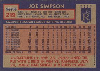 1984 Topps Nestle #219 Joe Simpson Back