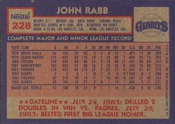 1984 Topps Nestle #228 John Rabb Back