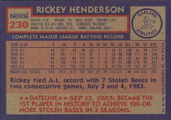 1984 Topps Nestle #230 Rickey Henderson Back