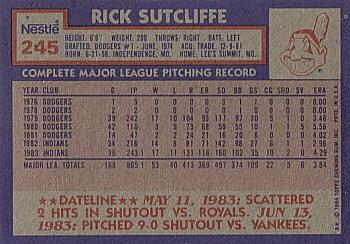 1984 Topps Nestle #245 Rick Sutcliffe Back