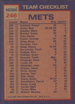 1984 Topps Nestle #246 Mets Leaders / Checklist (Mookie Wilson / Tom Seaver) Back