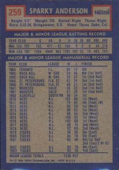 1984 Topps Nestle #259 Sparky Anderson Back