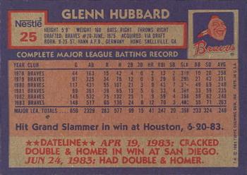 1984 Topps Nestle #25 Glenn Hubbard Back