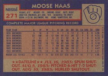 1984 Topps Nestle #271 Moose Haas Back