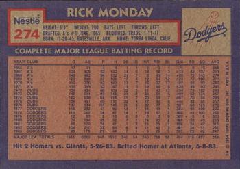 1984 Topps Nestle #274 Rick Monday Back