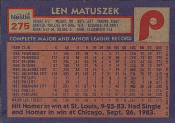 1984 Topps Nestle #275 Len Matuszek Back
