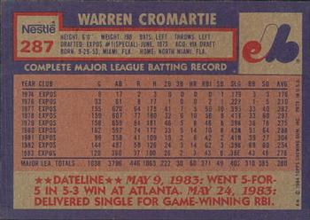 1984 Topps Nestle #287 Warren Cromartie Back