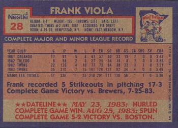 1984 Topps Nestle #28 Frank Viola Back