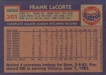 1984 Topps Nestle #301 Frank LaCorte Back