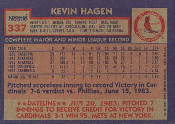 1984 Topps Nestle #337 Kevin Hagen Back