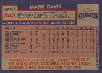 1984 Topps Nestle #343 Mark Davis Back