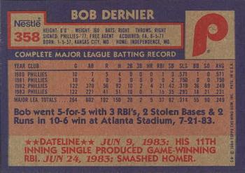 1984 Topps Nestle #358 Bob Dernier Back
