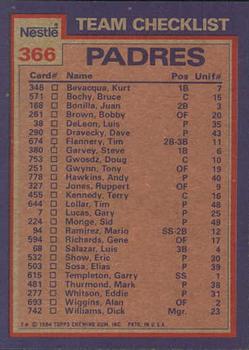 1984 Topps Nestle #366 Padres Leaders / Checklist (Terry Kennedy / Dave Dravecky) Back