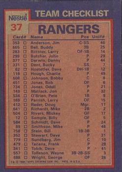 1984 Topps Nestle #37 Rangers Leaders / Checklist (Buddy Bell / Rick Honeycutt) Back