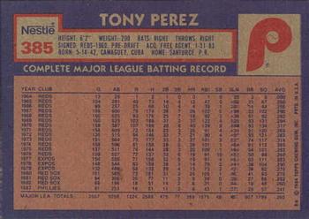 1984 Topps Nestle #385 Tony Perez Back