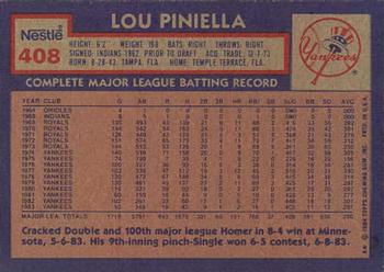 1984 Topps Nestle #408 Lou Piniella Back