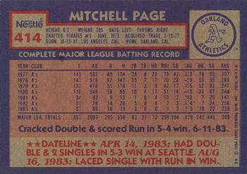1984 Topps Nestle #414 Mitchell Page Back