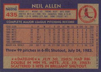1984 Topps Nestle #435 Neil Allen Back