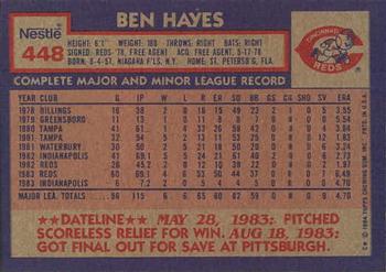1984 Topps Nestle #448 Ben Hayes Back