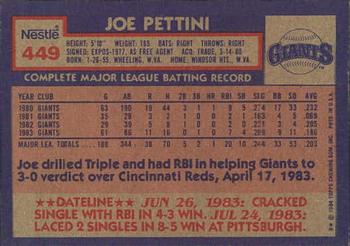 1984 Topps Nestle #449 Joe Pettini Back