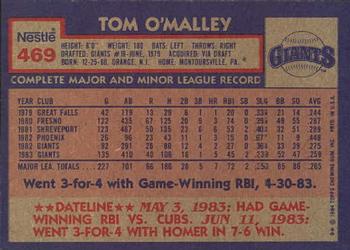 1984 Topps Nestle #469 Tom O'Malley Back