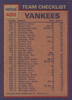 1984 Topps Nestle #486 Yankees Leaders / Checklist (Don Baylor / Ron Guidry) Back