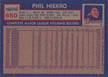 1984 Topps Nestle #650 Phil Niekro Back