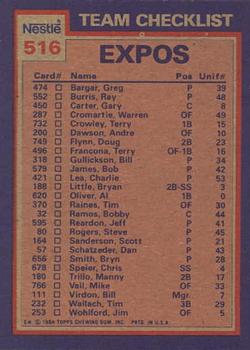 1984 Topps Nestle #516 Expos Leaders / Checklist (Al Oliver / Charlie Lea) Back
