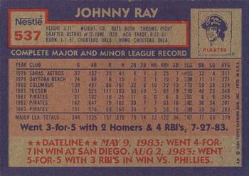 1984 Topps Nestle #537 Johnny Ray Back