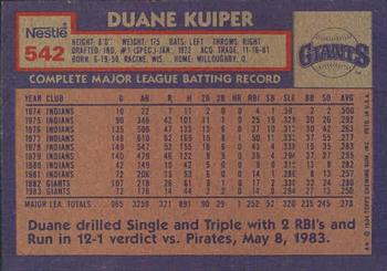 1984 Topps Nestle #542 Duane Kuiper Back