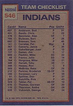 1984 Topps Nestle #546 Indians Leaders / Checklist (Mike Hargrove / Lary Sorensen) Back