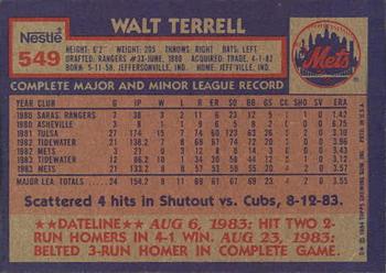 1984 Topps Nestle #549 Walt Terrell Back
