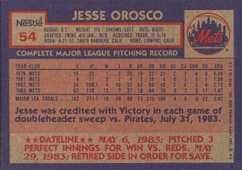 1984 Topps Nestle #54 Jesse Orosco Back