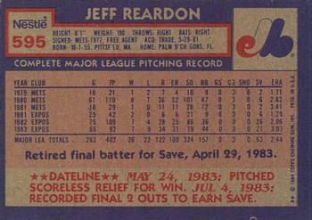 1984 Topps Nestle #595 Jeff Reardon Back