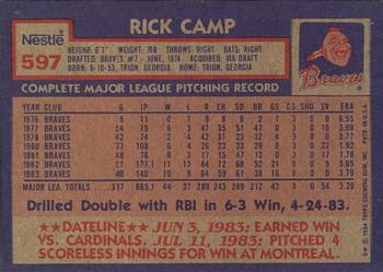 1984 Topps Nestle #597 Rick Camp Back