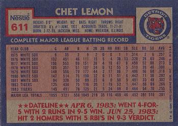 1984 Topps Nestle #611 Chet Lemon Back