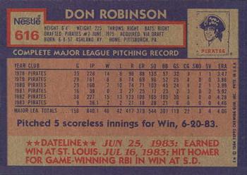 1984 Topps Nestle #616 Don Robinson Back