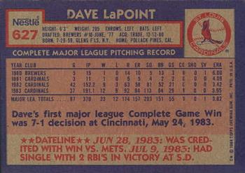 1984 Topps Nestle #627 Dave LaPoint Back