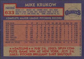 1984 Topps Nestle #633 Mike Krukow Back