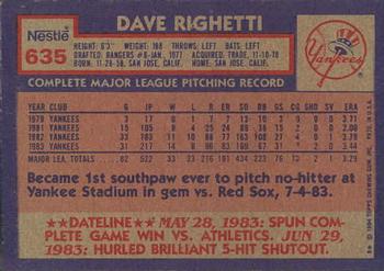 1984 Topps Nestle #635 Dave Righetti Back