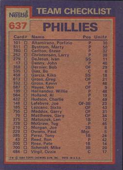 1984 Topps Nestle #637 Phillies Leaders / Checklist (Gary Matthews / John Denny) Back