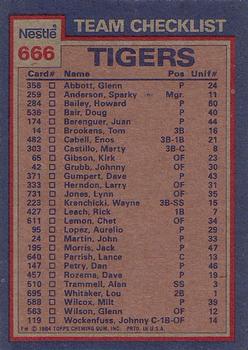 1984 Topps Nestle #666 Tigers Leaders / Checklist (Lou Whitaker / Jack Morris) Back