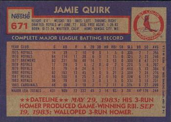 1984 Topps Nestle #671 Jamie Quirk Back