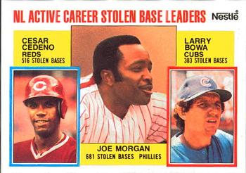 1984 Topps Nestle #705 NL Active Career Stolen Base Leaders (Joe Morgan / Cesar Cedeno / Larry Bowa) Front