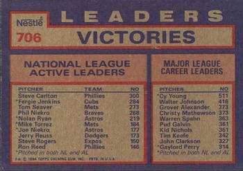 1984 Topps Nestle #706 NL Active Career Victory Leaders (Steve Carlton / Fergie Jenkins / Tom Seaver) Back