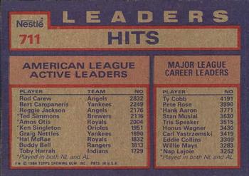1984 Topps Nestle #711 AL Active Career Hit Leaders (Rod Carew / Bert Campaneris / Reggie Jackson) Back