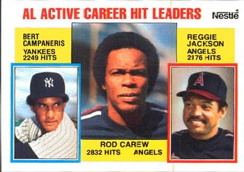 1984 Topps Nestle #711 AL Active Career Hit Leaders (Rod Carew / Bert Campaneris / Reggie Jackson) Front