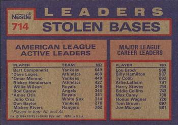 1984 Topps Nestle #714 AL Active Career Stolen Base Leaders (Bert Campaneris / Dave Lopes / Omar Moreno) Back