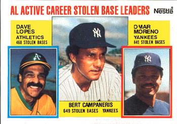 1984 Topps Nestle #714 AL Active Career Stolen Base Leaders (Bert Campaneris / Dave Lopes / Omar Moreno) Front