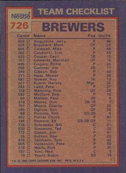 1984 Topps Nestle #726 Brewers Leaders / Checklist (Ted Simmons / Moose Haas) Back